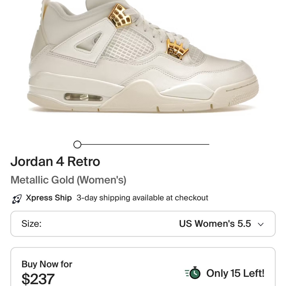 Jordan 4 Retro Metallic Gold Women’s Size 6